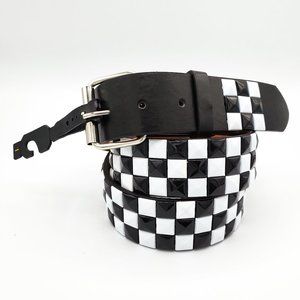 Black White Studded Leather Belt Unisex 3-Rows Metal Pyramid Size Medium